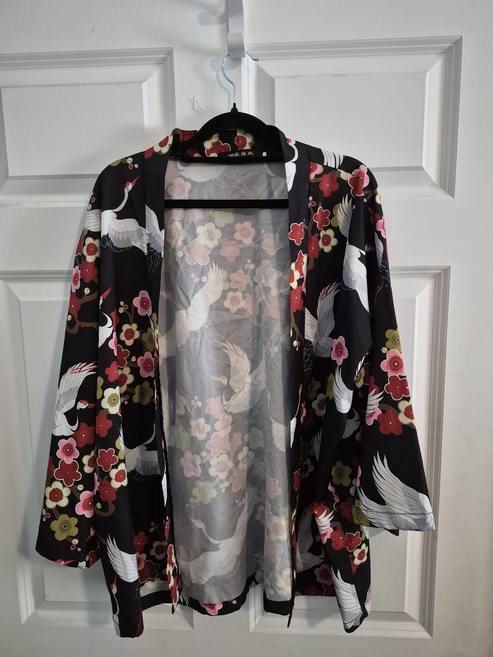 Haori Black Crane & Floral Kimono Cardigan Festival Resort- Large
